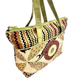 ATENTI Embroidered Tapestry Tote Colorful Green Suede Overnight Bag Carry On